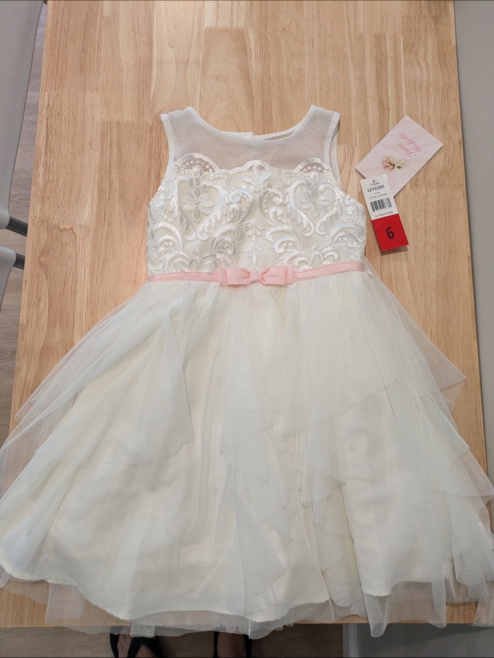 Child's Jona Michelle Ivory Tulle Flower Girl/Party Dress with Pink Waist Bow